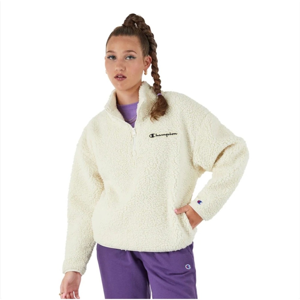 Champion Sherpa Fleece Pullover Womens XXL Cream Quarter Zip Cozy Minimalist